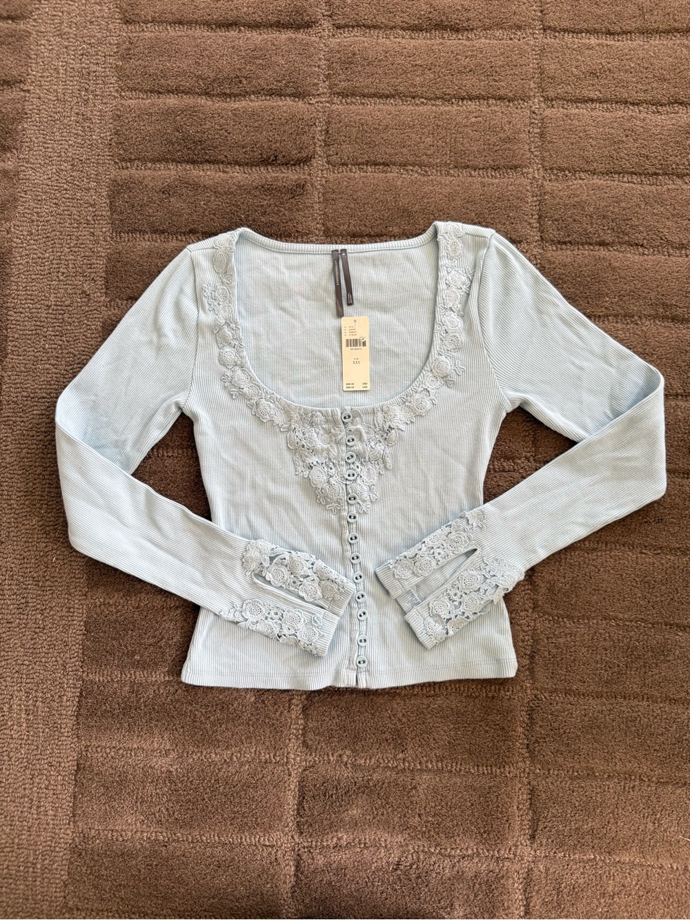 Anthropologie Pale Blue Lace-Trim Button Front Top